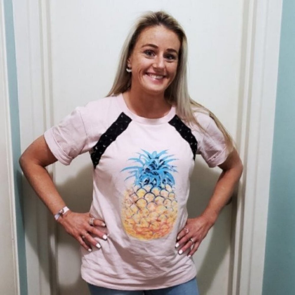 3/$15 Short Sleeve Lace Up Detail Pineapple Print Top - Picture 4 of 6